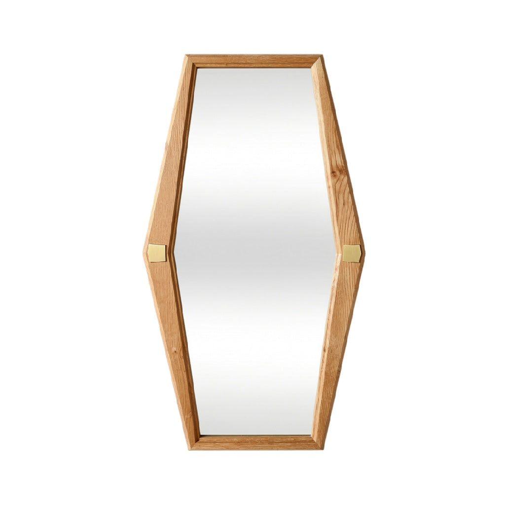Geometric Wooden Wall Mirror with Brass Accents